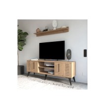 Mueble para TV en Melamina Color Natural y Negro, 160x35x51 cm, con Estantes y Puertas Abatibles - Ideal para Sala de Estar