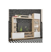 Mueble de Salón para TV Completo en Color Cambria y Blanco, 204x35x177 cm, con Estantes y Almacenamiento - Diseño Moderno